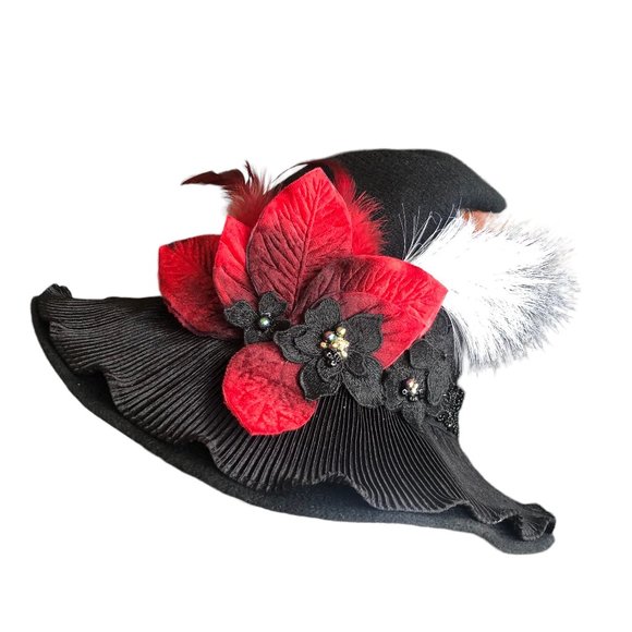 Handcrafted Y2K Boho Black Wool Blend/ Felt Glamorous Embellished Floppy Hat NEW